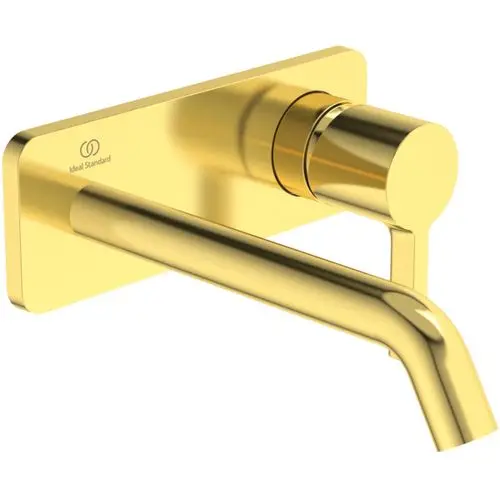 Wand-Waschtischarmatur aus Gold von Ideal Standard mit einer eckigen Rosette und einem Auslauf von 180 mm.